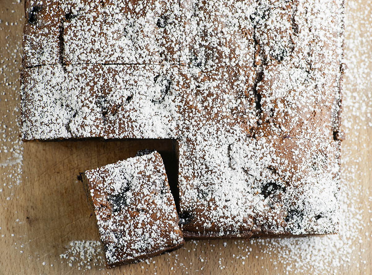 Blueberry molasses cake sliced.