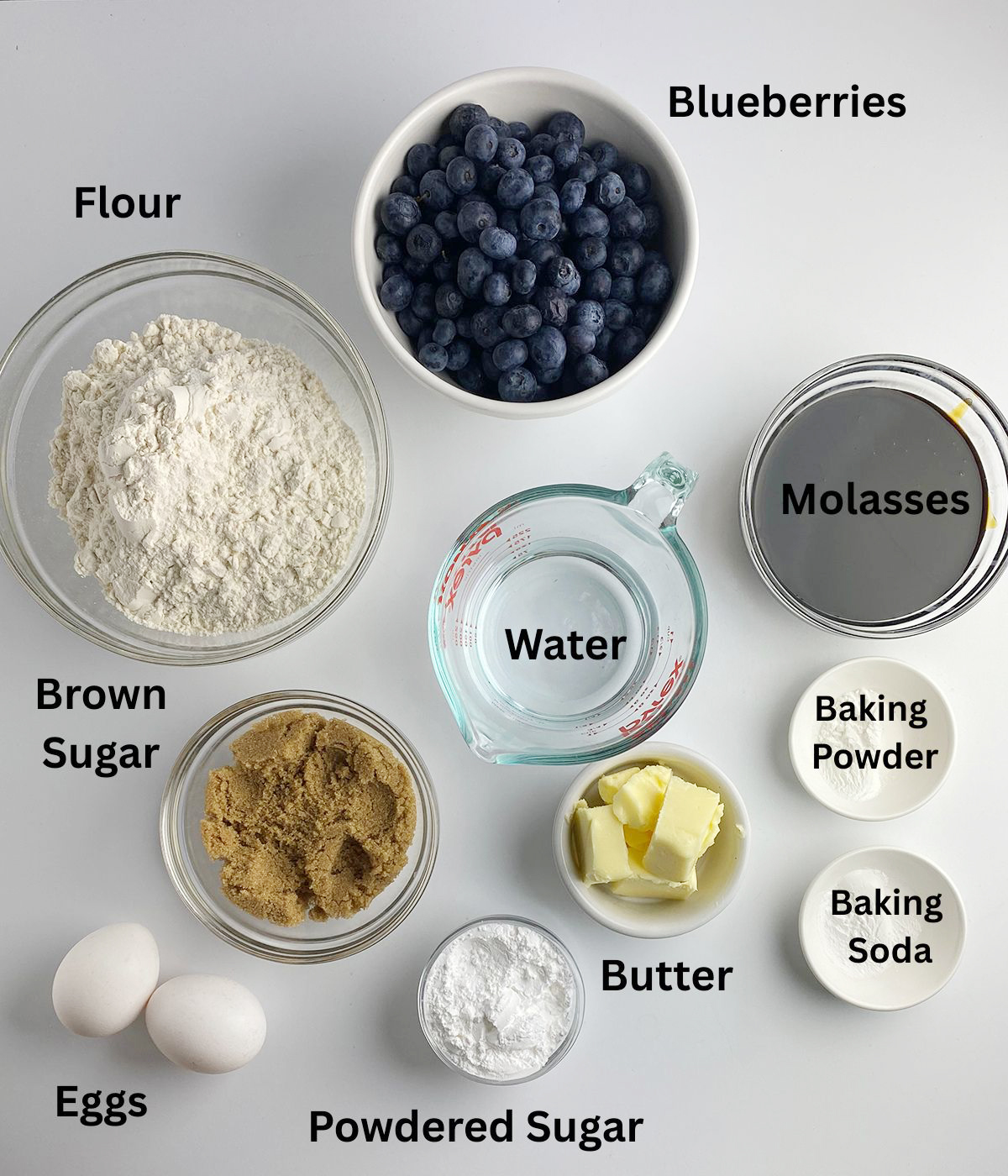 Ingredients needed for blueberry molasses cake.