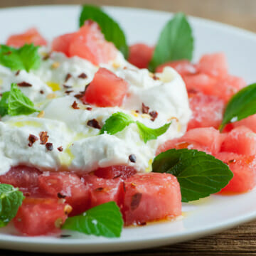 Watermelon Burrata Salad on a plate.