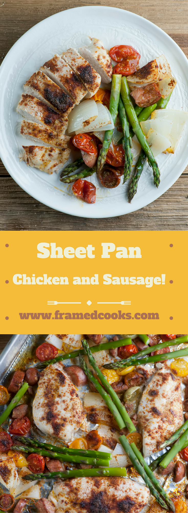 This quick recipe for spicy sheet pan chicken and sausage features cherry tomatoes, asparagus and spices, all on one easy to clean up pan!
