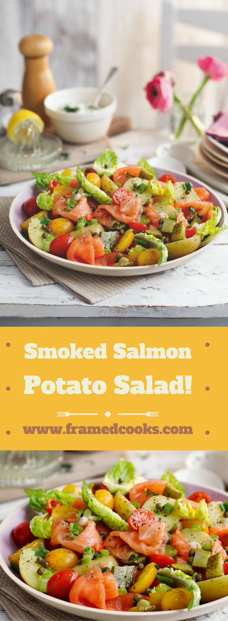 This easy recipe for smoked salmon potato salad is full of colorful healthy veggies, along with the lovely briny taste of salmon. Good and good for you!