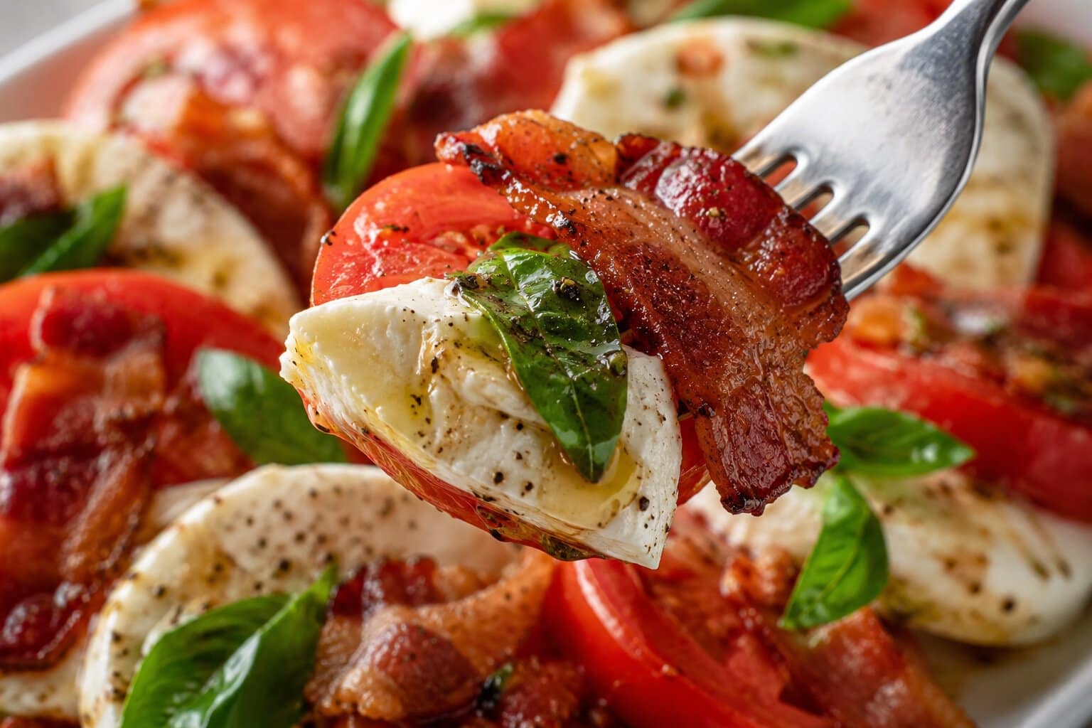 Bacon Caprese Salad on a fork.