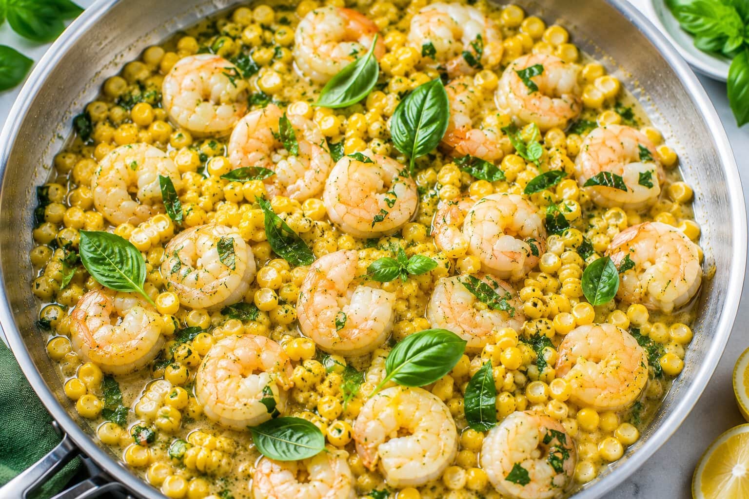 shrimp with corn and herbs Buttered Shrimp with Corn and fresh herbs in a skillet.