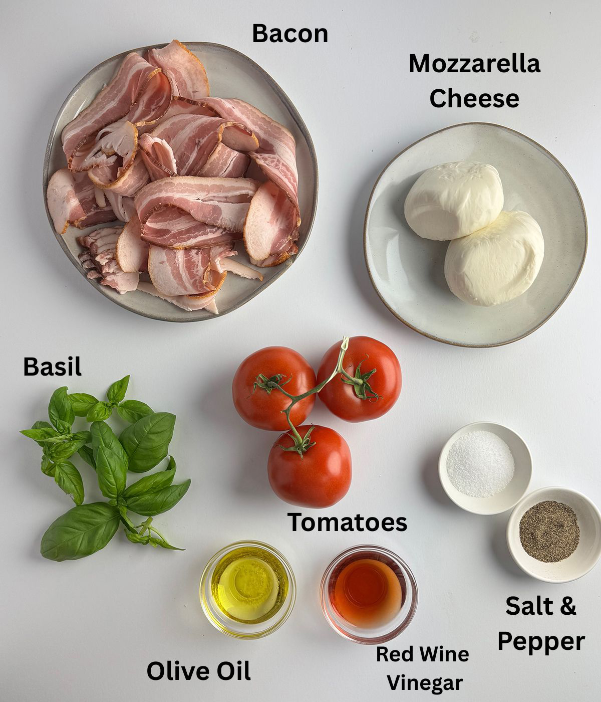 Ingredients needed for bacon caprese salad.