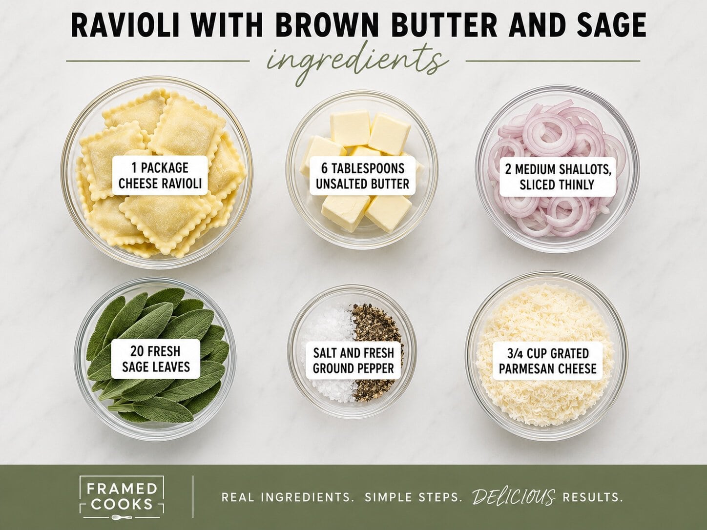 Ravioli with brown butter and sage ingredients.