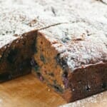 Blueberry molasses cake cut in squares.
