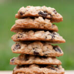 Rum raisin oatmeal cookies in a stack.