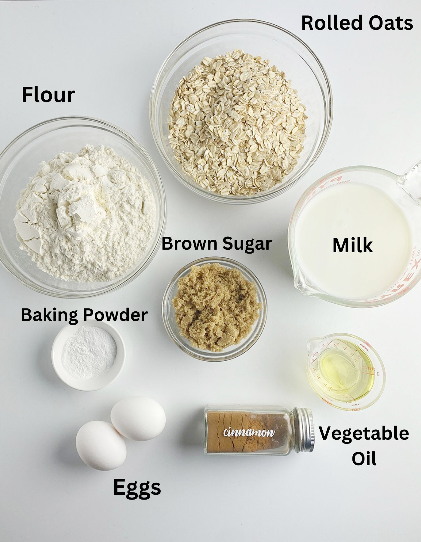 Ingredients needed for cinnamon oat pancakes.