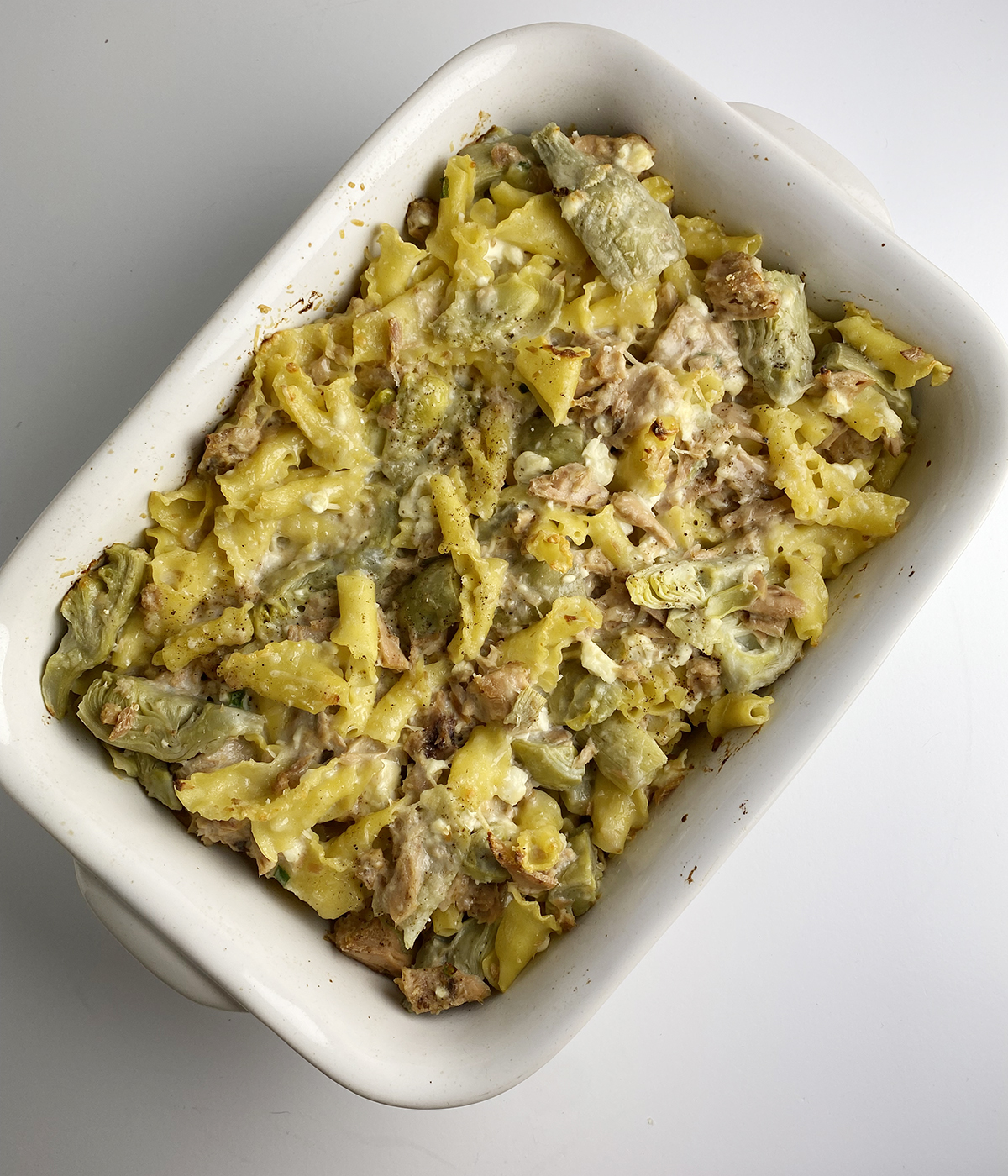 Baked tuna casserole in a baking dish.