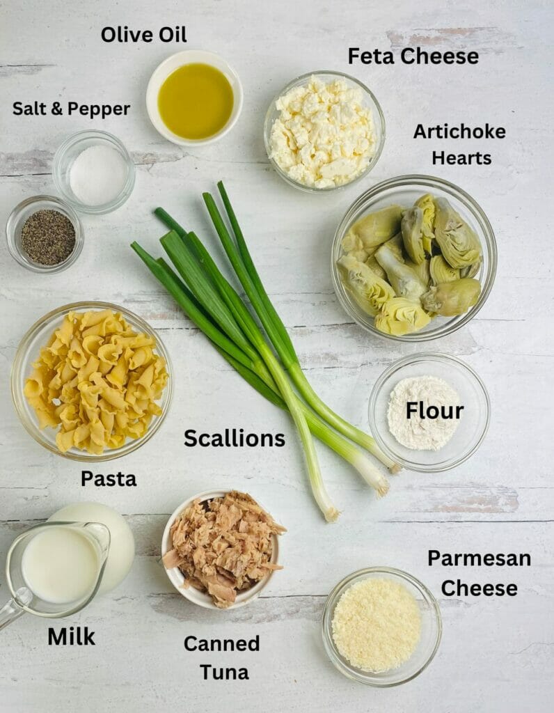 Mediterranean Tuna Casserole Ingredients on a counter.