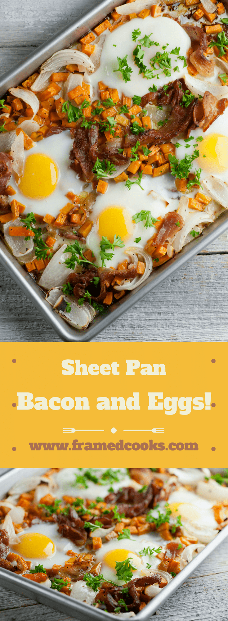 This easy recipe for sheet pan bacon and eggs is a great way to fix breakfast or brunch for a crowd. The sweet potatoes and onions round out this healthy meal.