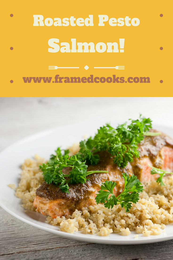 Flavor meets healthy eating in this super simple, super quick recipe for roasted pesto salmon. Bright basil pesto flavor is perfect with the tender salmon.