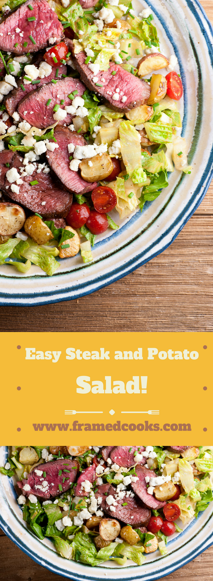 This recipe for easy steak and potato salad takes meat and potatoes into a lighter, delicious salad form! A sprinkle of blue cheese and some cherry tomatoes round out this satisfying supper.