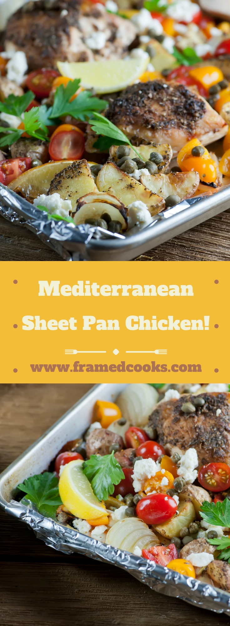 Take your chicken dinner to exotic places with this easy recipe for Mediterranean sheet pan chicken, full of herbs and spices and a little feta cheese!