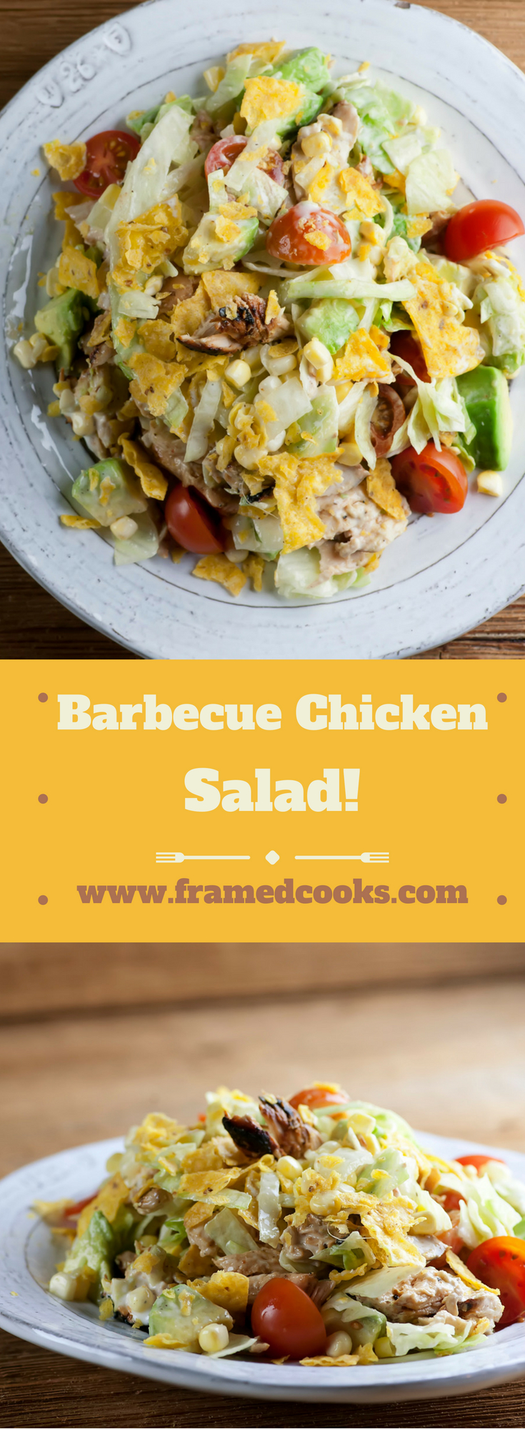 This easy barbecue chicken salad recipe features the great flavors of grilled chicken with summer veggies and a tangy ranch dressing!