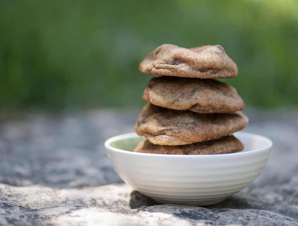 Cinnamon sugar chocolate chip cookies in a bowl.