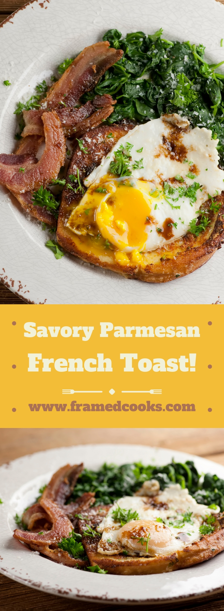 This easy recipe for savory parmesan french toast turns this sweet breakfast favorite into a cheesy, hearty, bacon filled treat that is also perfect for supper!
