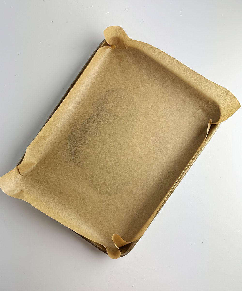 Baking sheet lined with parchment.