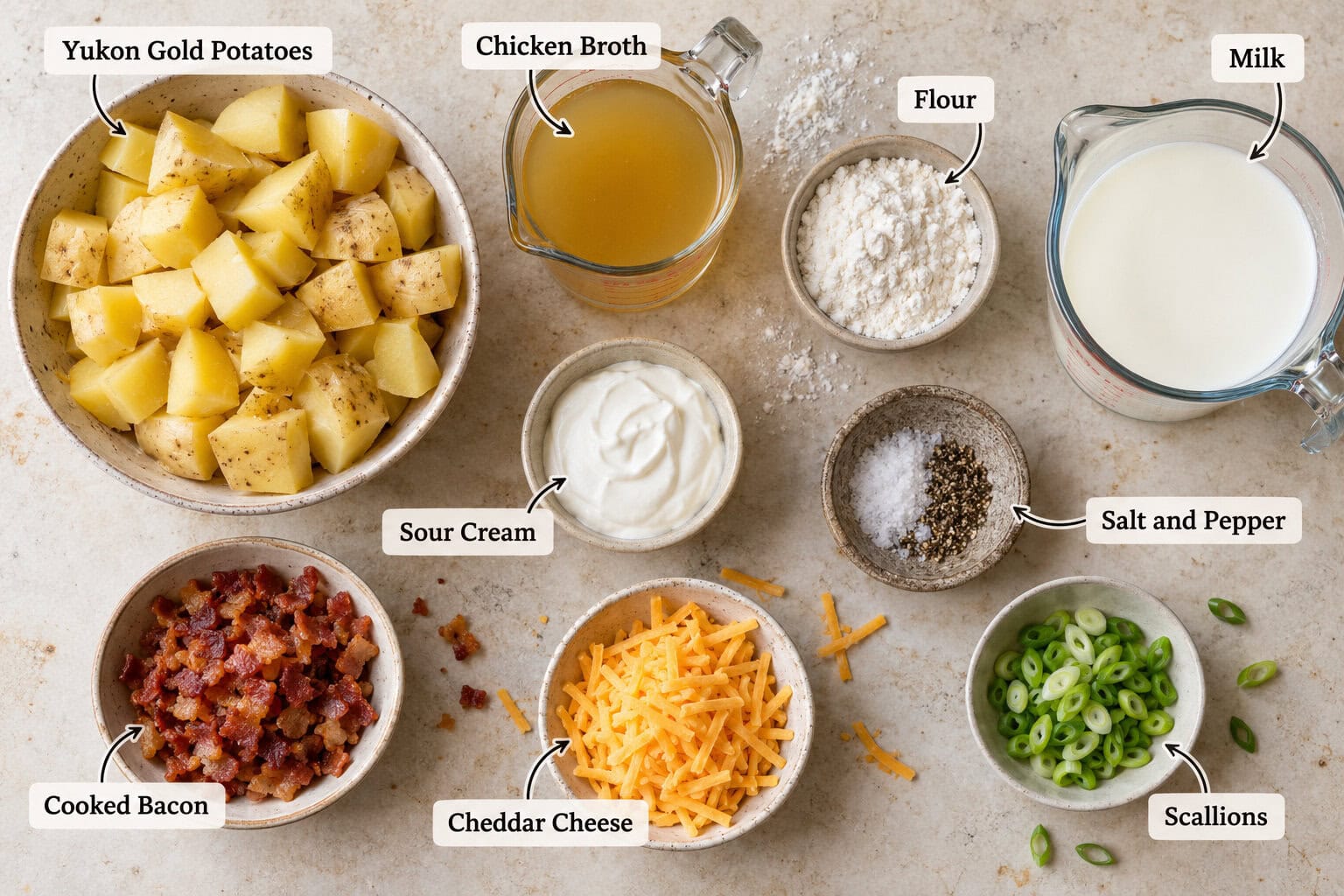Loaded potato soup ingredients.