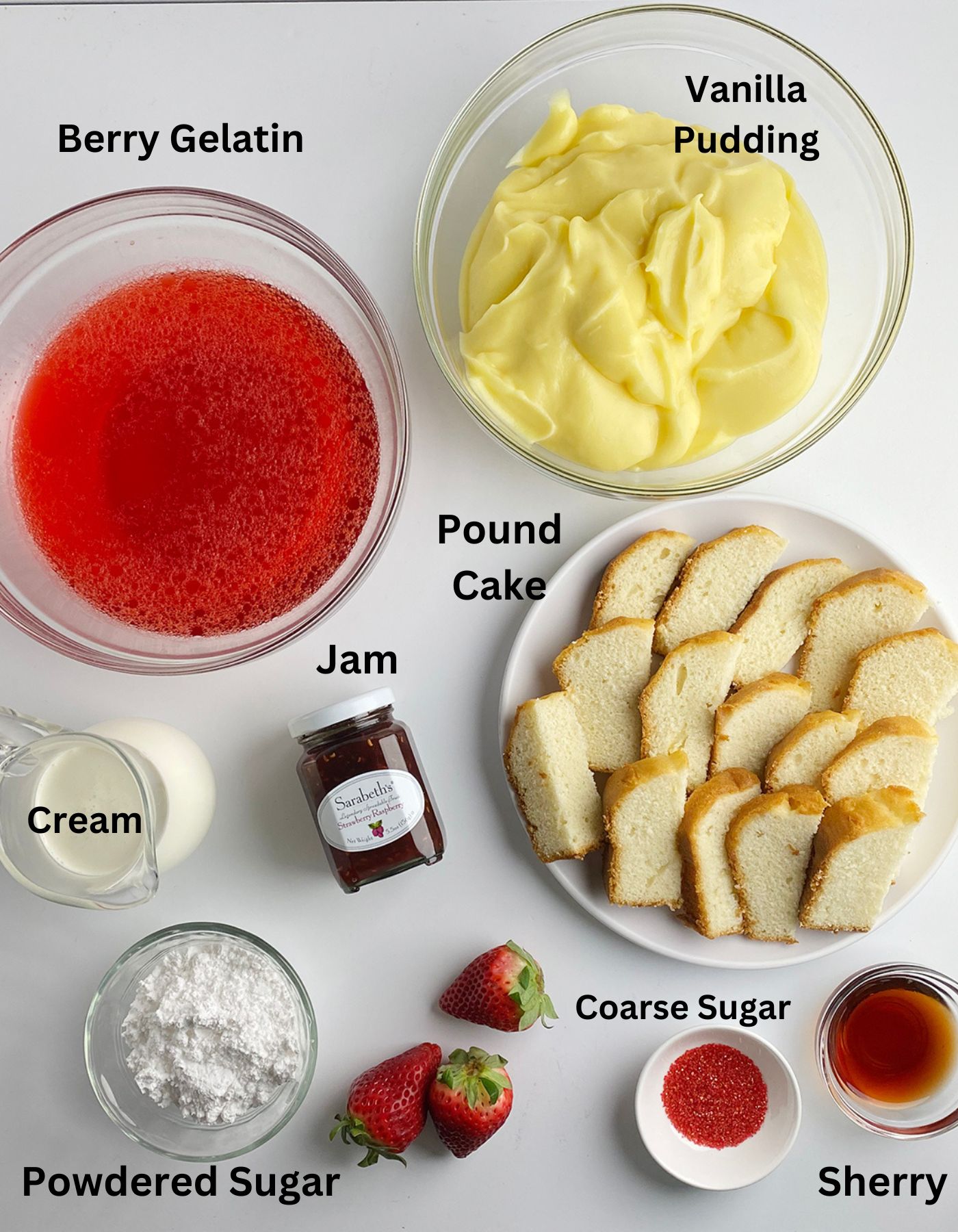 Ingredients for Easy Irish Trifle on a counter.