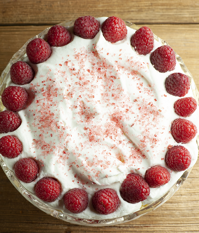 Irish trifle with raspberries and pink sugar.