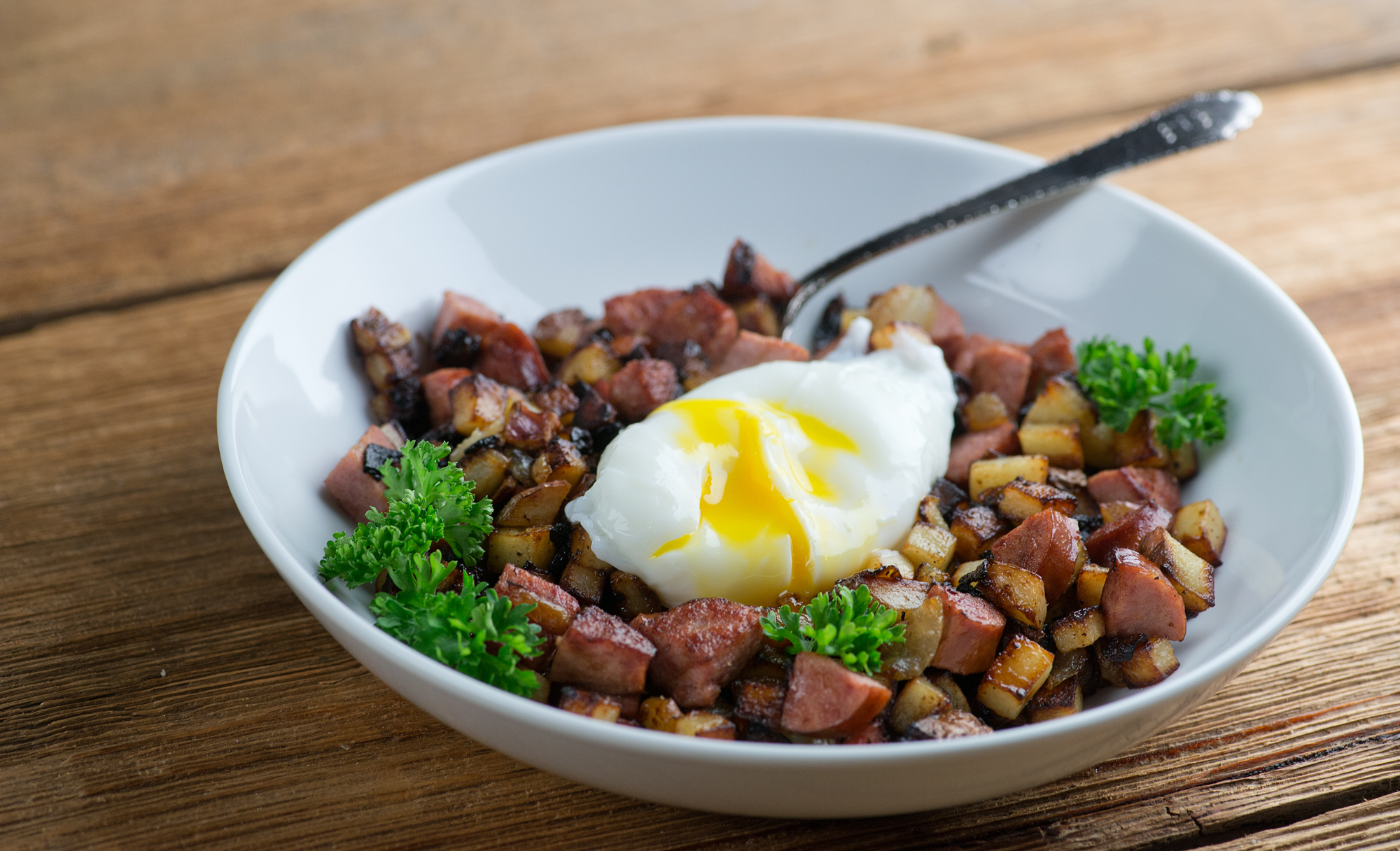 Sausage hash with poached egg