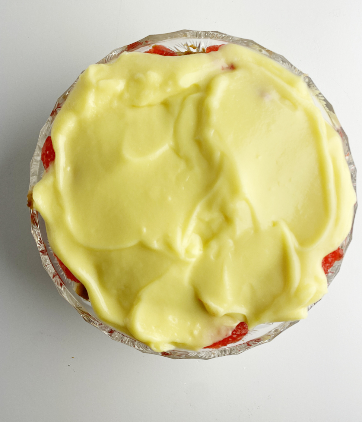 Vanilla pudding layer of an Irish trifle.