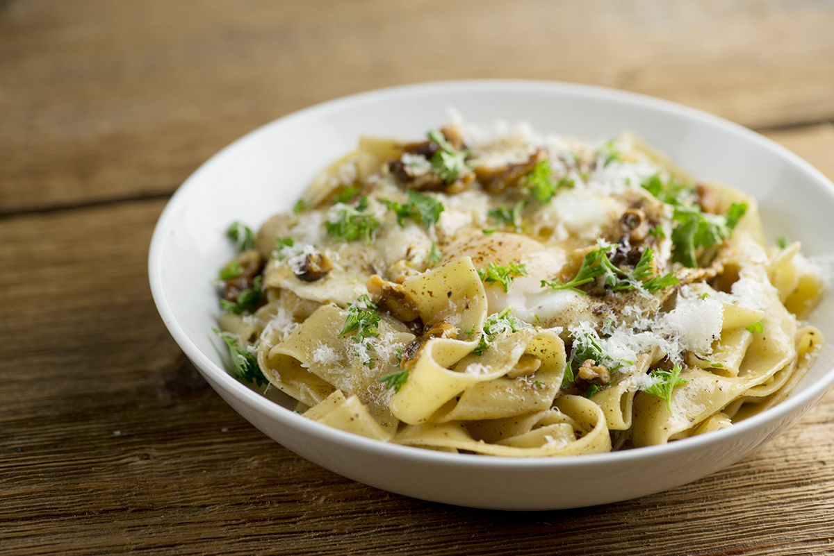 Bowl of brown butter egg pasta.