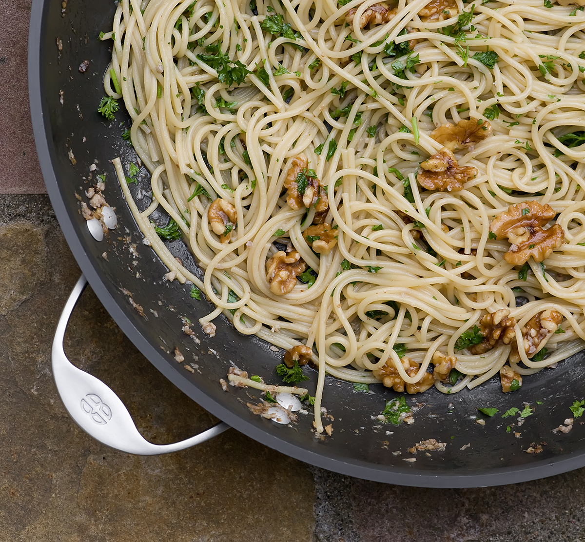 Pasta with Anchovy Sauce in a skillet.