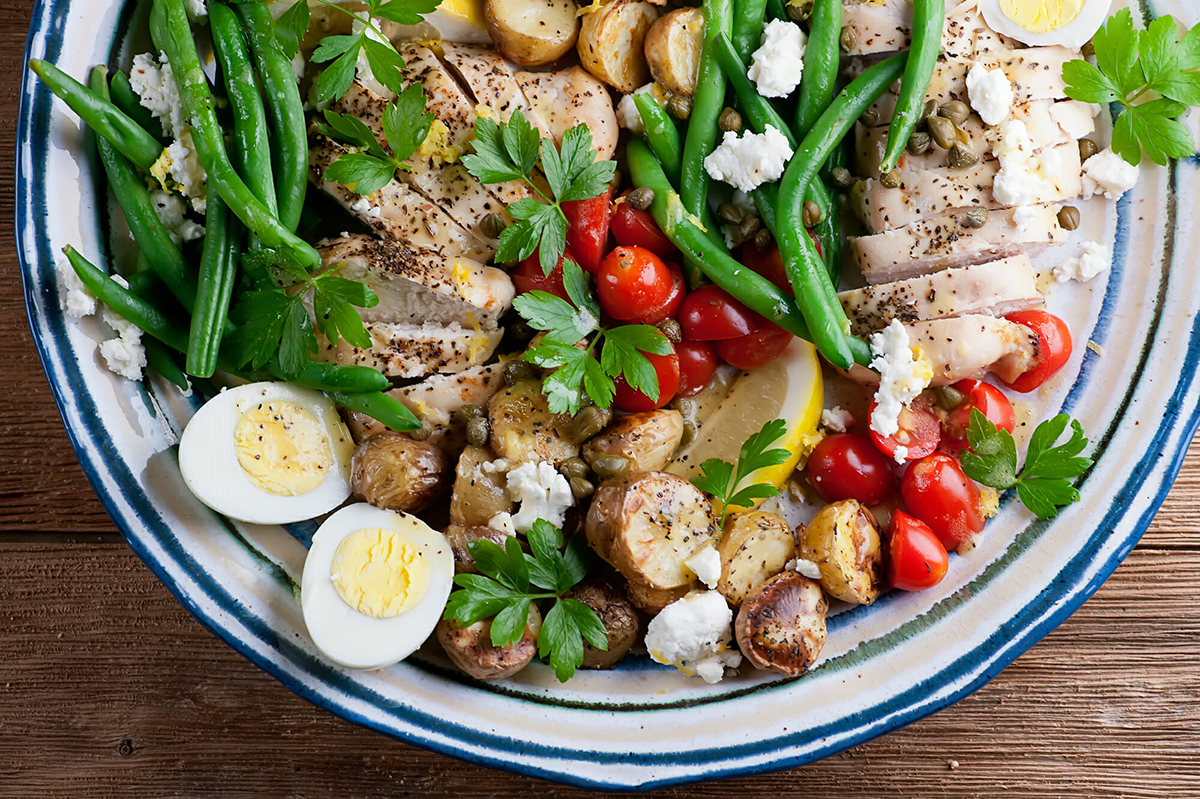 healthy chicken salad recipe Roasted Chicken Salad on a plate.