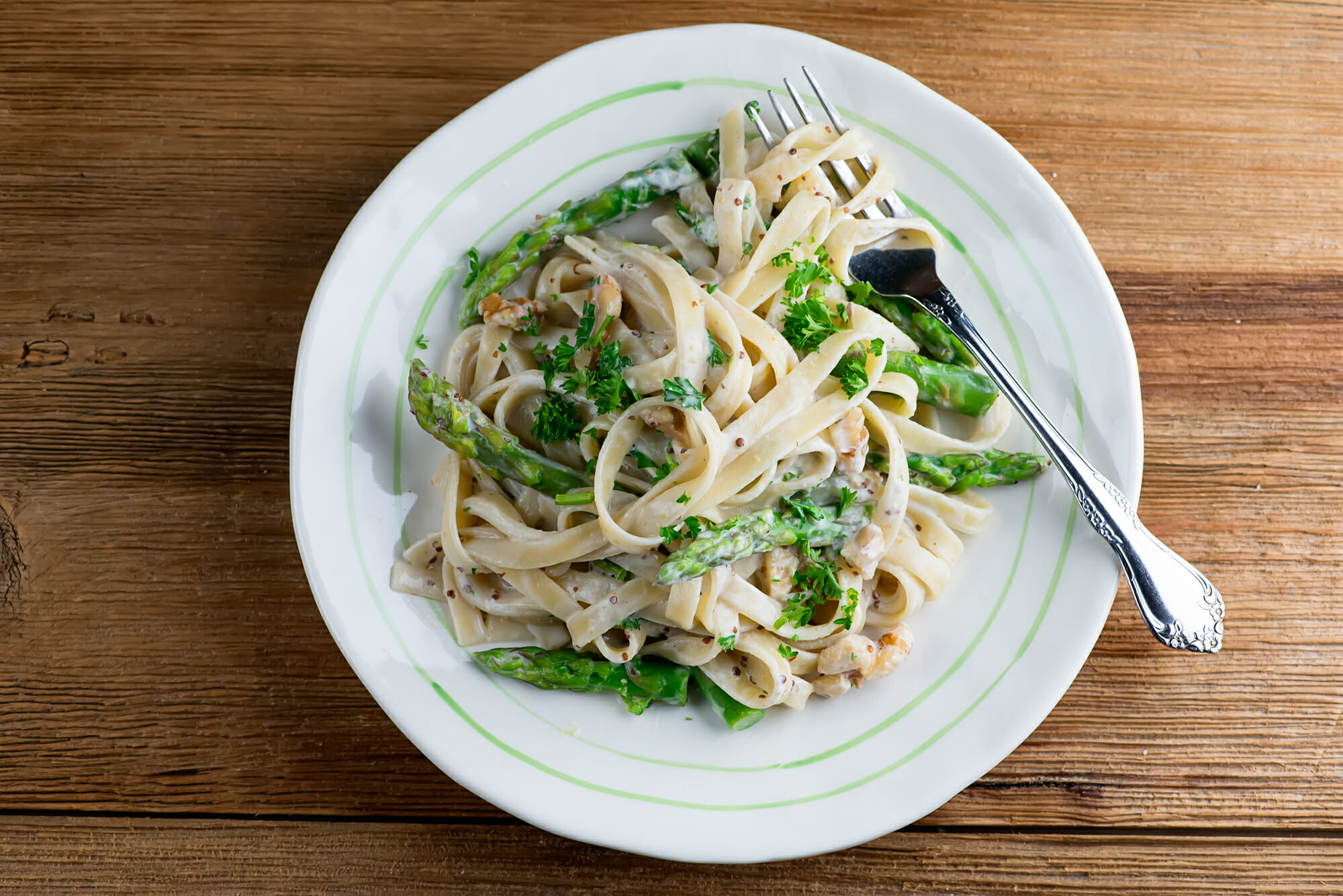 pasta with asparagus goat cheese sauce Goat Cheese Pasta on a plate.