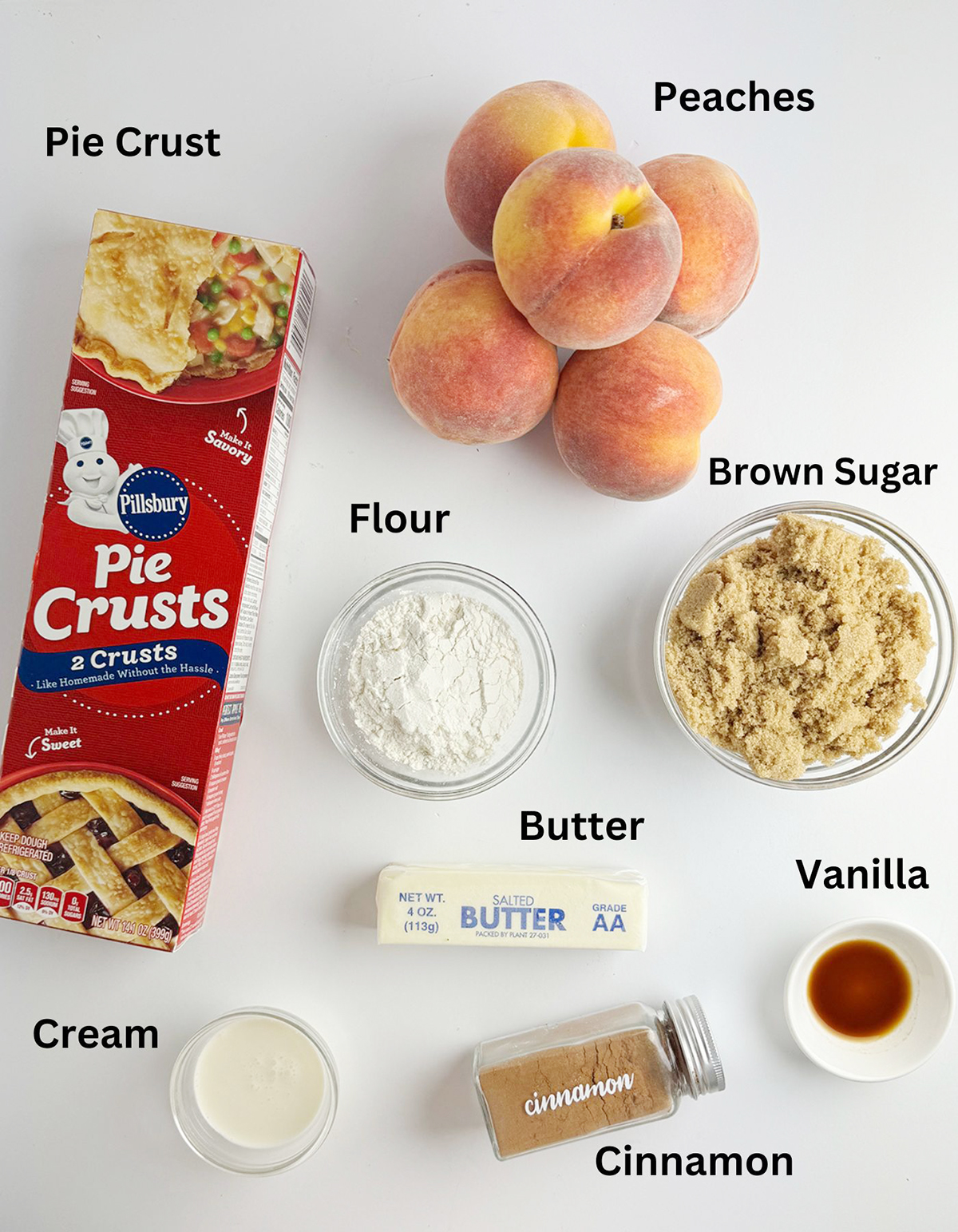Ingredients needed for a fresh peach pie.