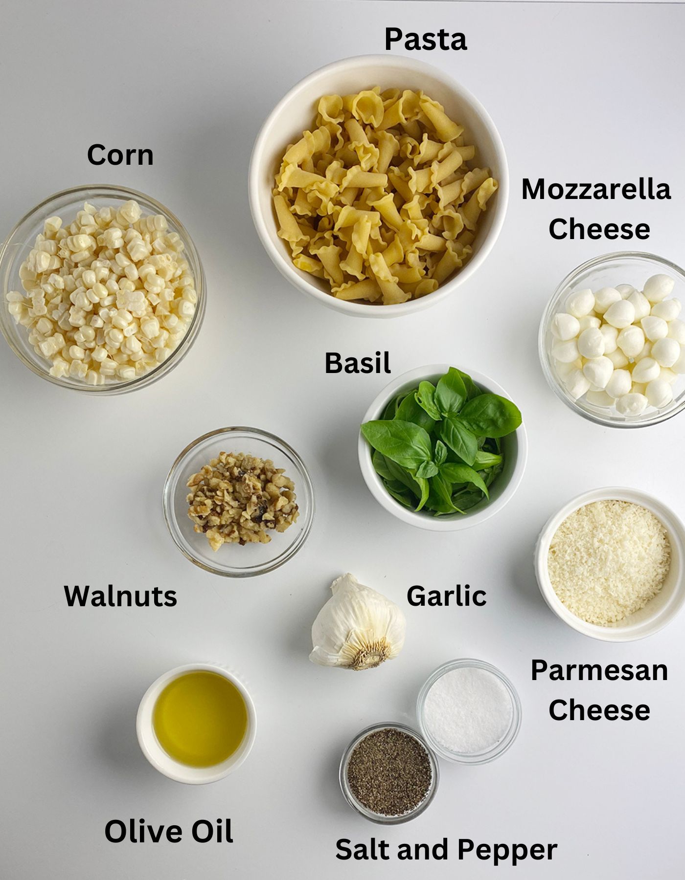 Corn pesto pasta ingredients on the counter.