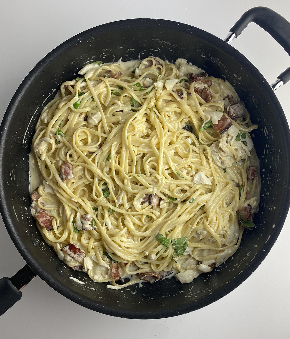 Creamy Crab Pasta in a skillet.