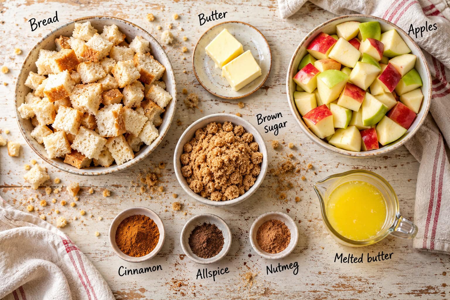 Overhead view of labeled apple brown betty ingredients: bread cubes, chopped apples, brown sugar, butter, melted butter, cinnamon, allspice and nutmeg.
