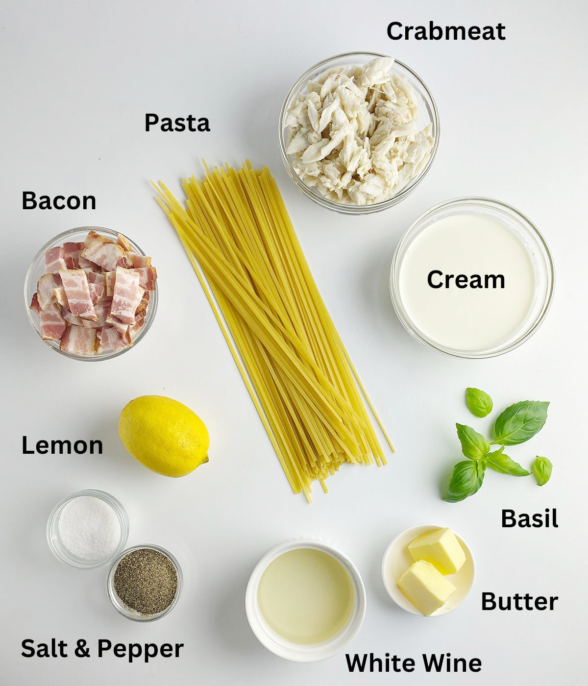 Ingredients needed for creamy crab pasta.