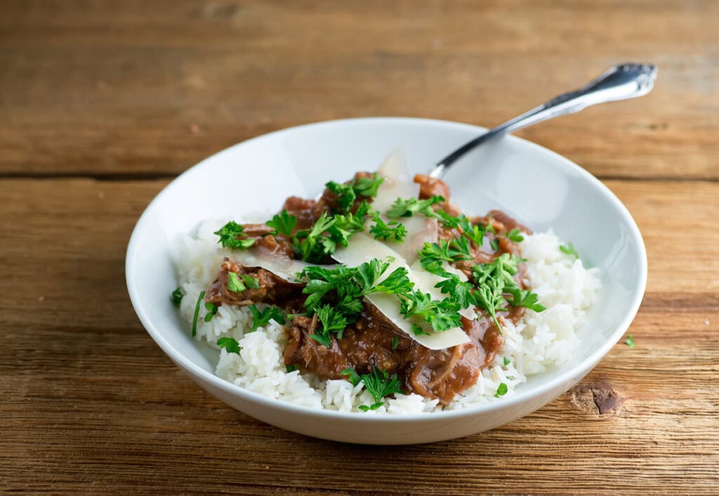 Slow Cooker Red Wine Pork Roast in a bowl.