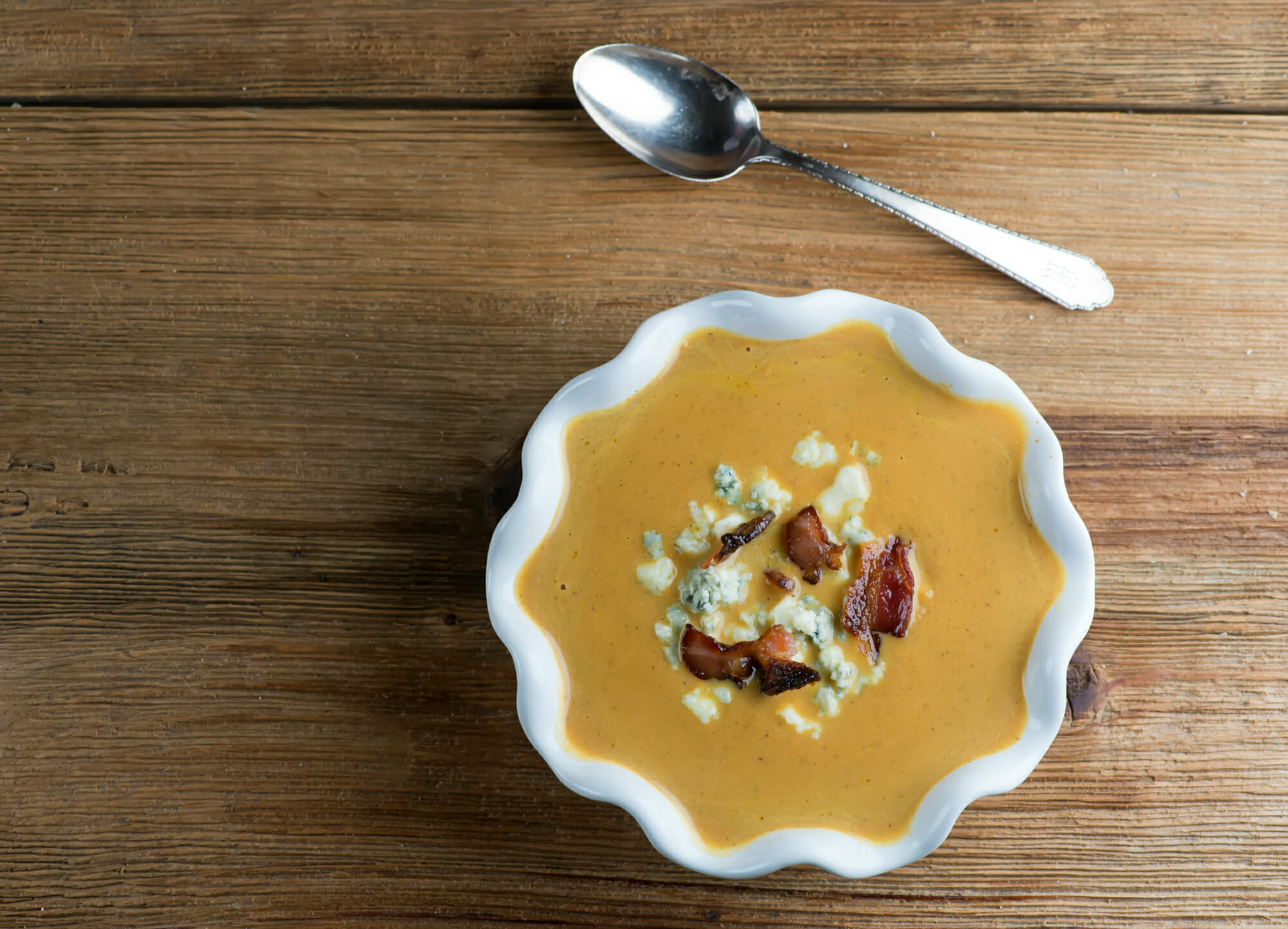 pumpkin soup with bacon and blue cheese