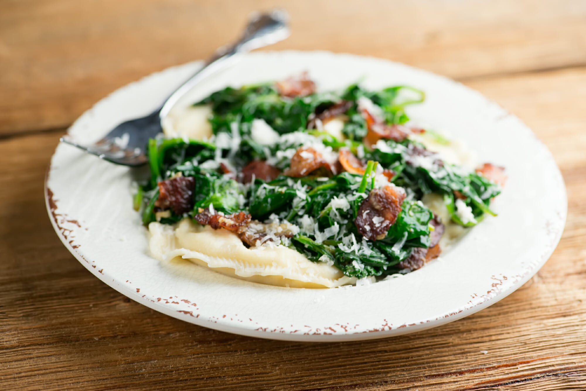 ravioli with baby spinach and bacon