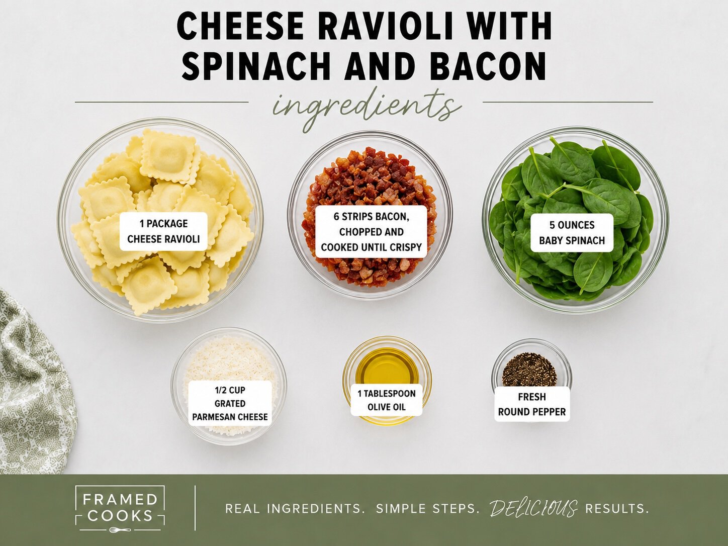 Cheese Ravioli with Spinach and Bacon Ingredients.