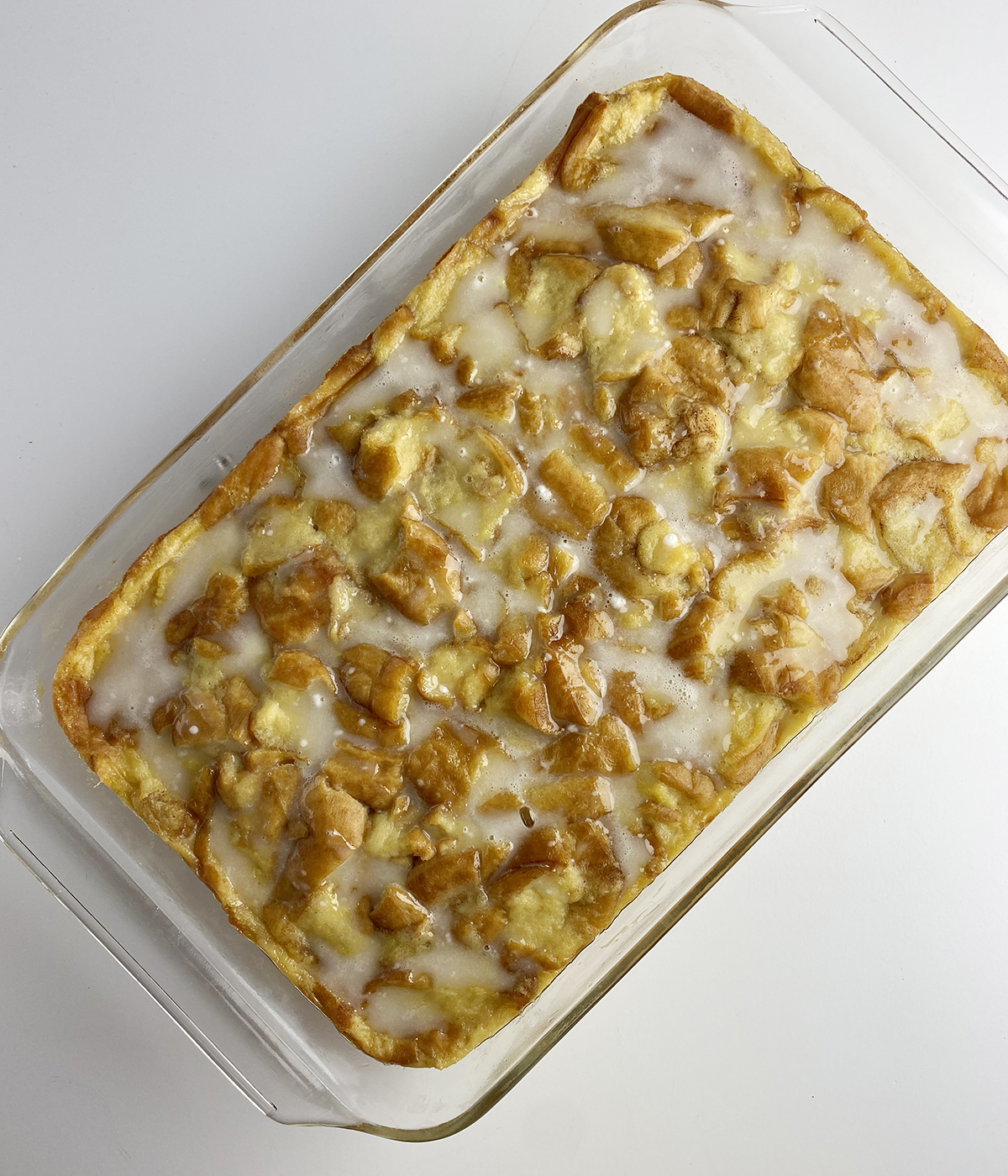 Cinnamon Roll Bread Pudding in a pan.
