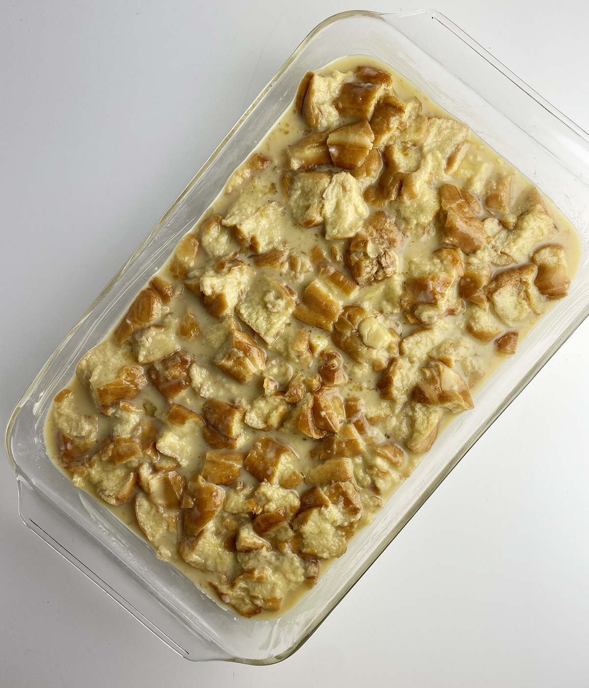 Cinnamon roll bread pudding ready for the oven.