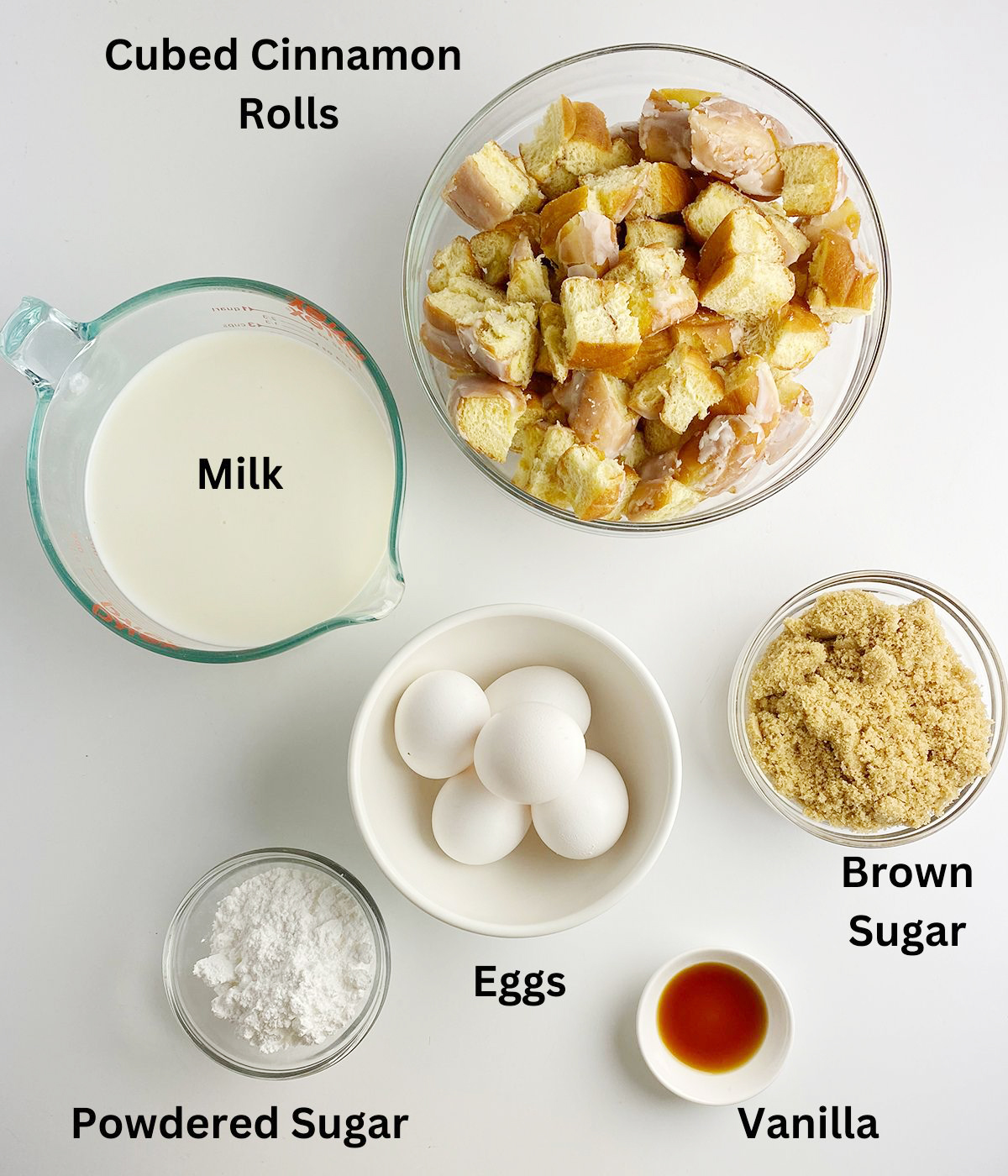 Ingredients needed to make cinnamon roll bread pudding.