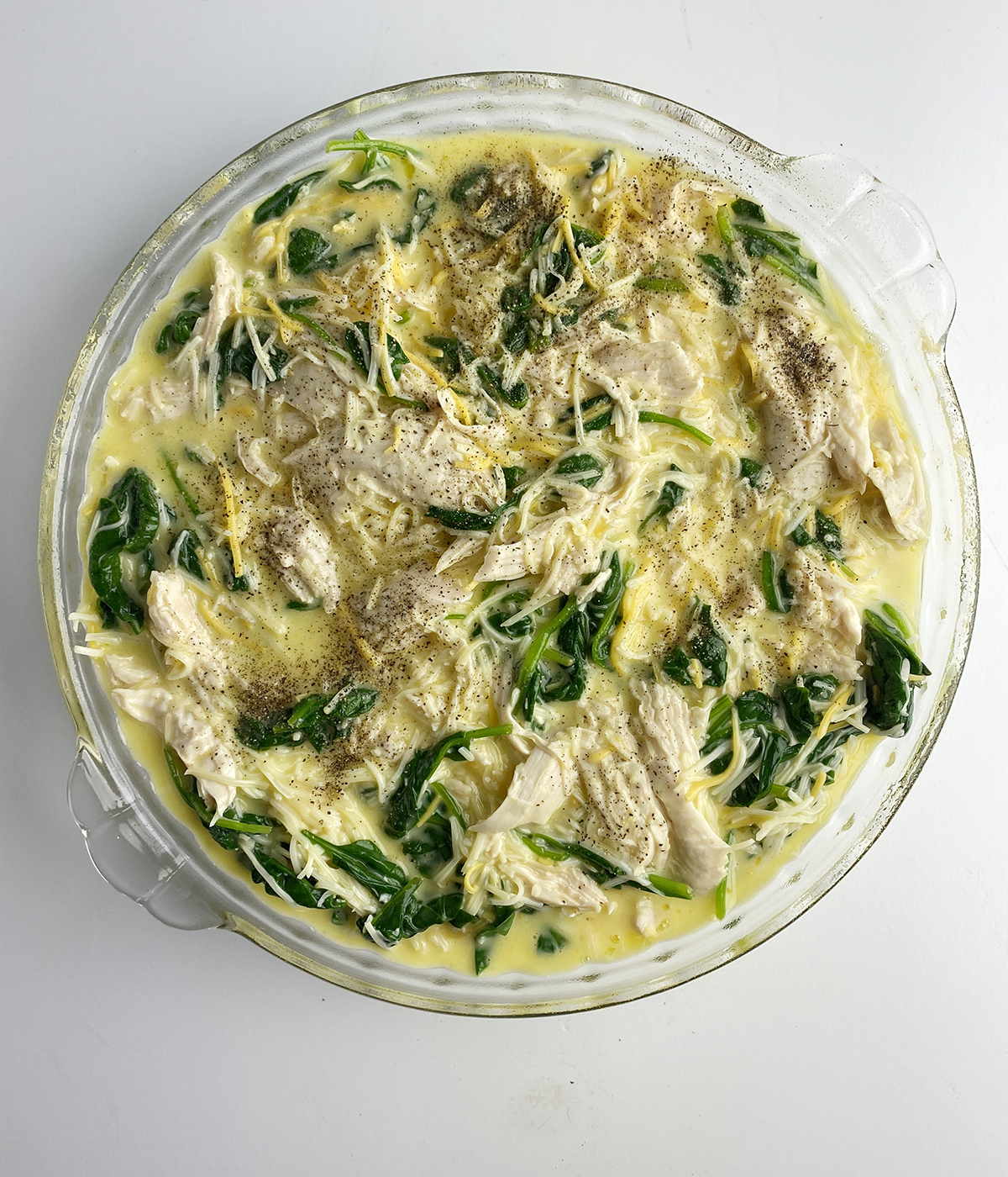 Chicken spinach frittata mixture ready for the oven.