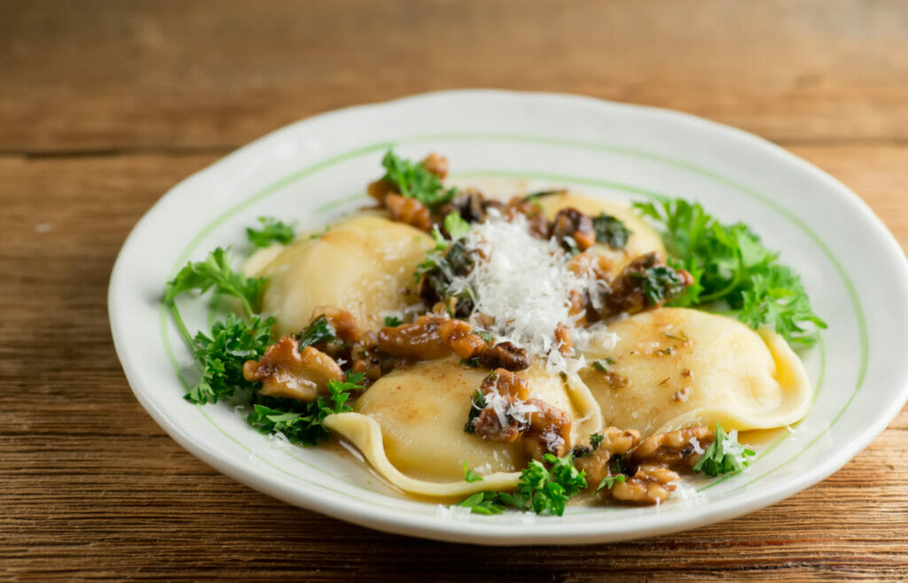 cheese ravioli with toasted walnut sauce