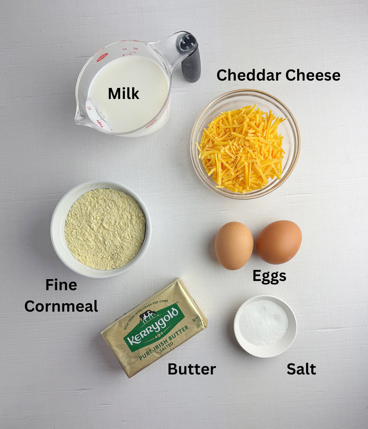 Ingredients needed to make cheesy spoonbread.