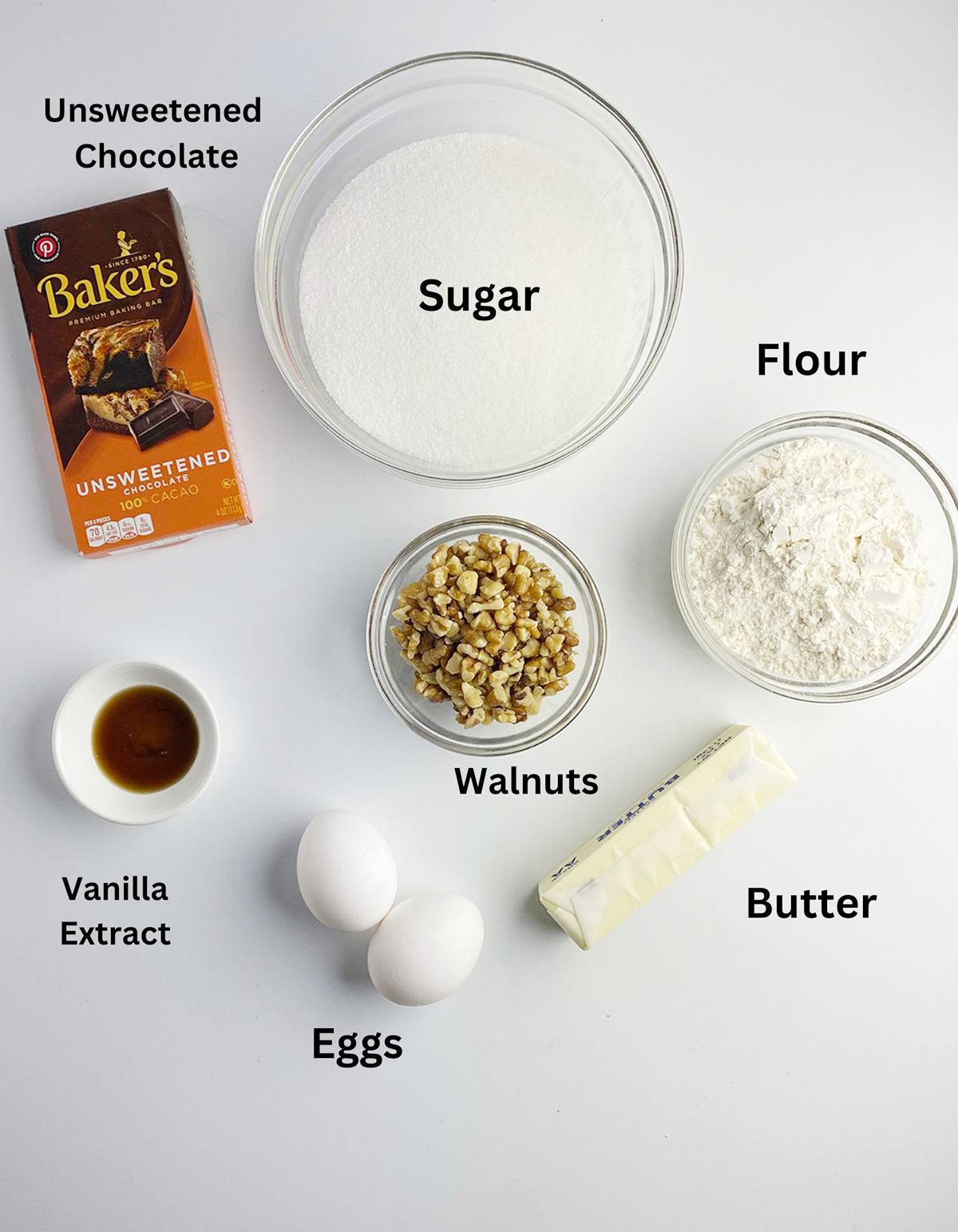 Ingredients for saucepan brownies on counter.
