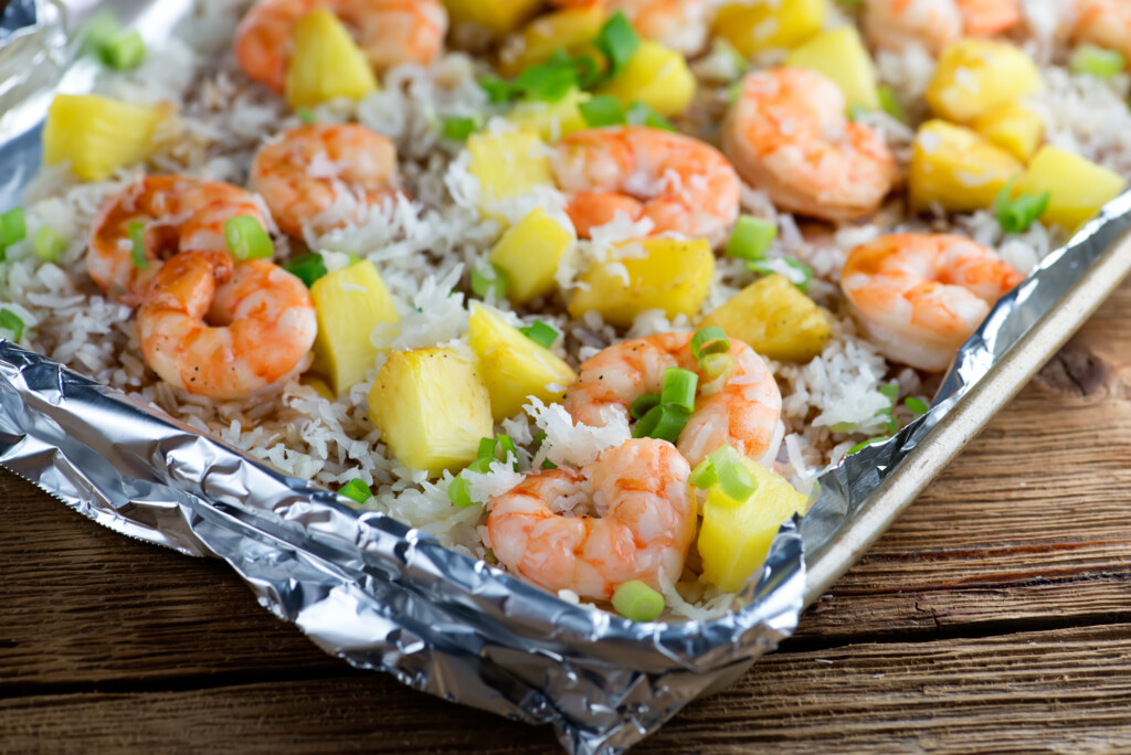 sheet pan pineapple shrimp