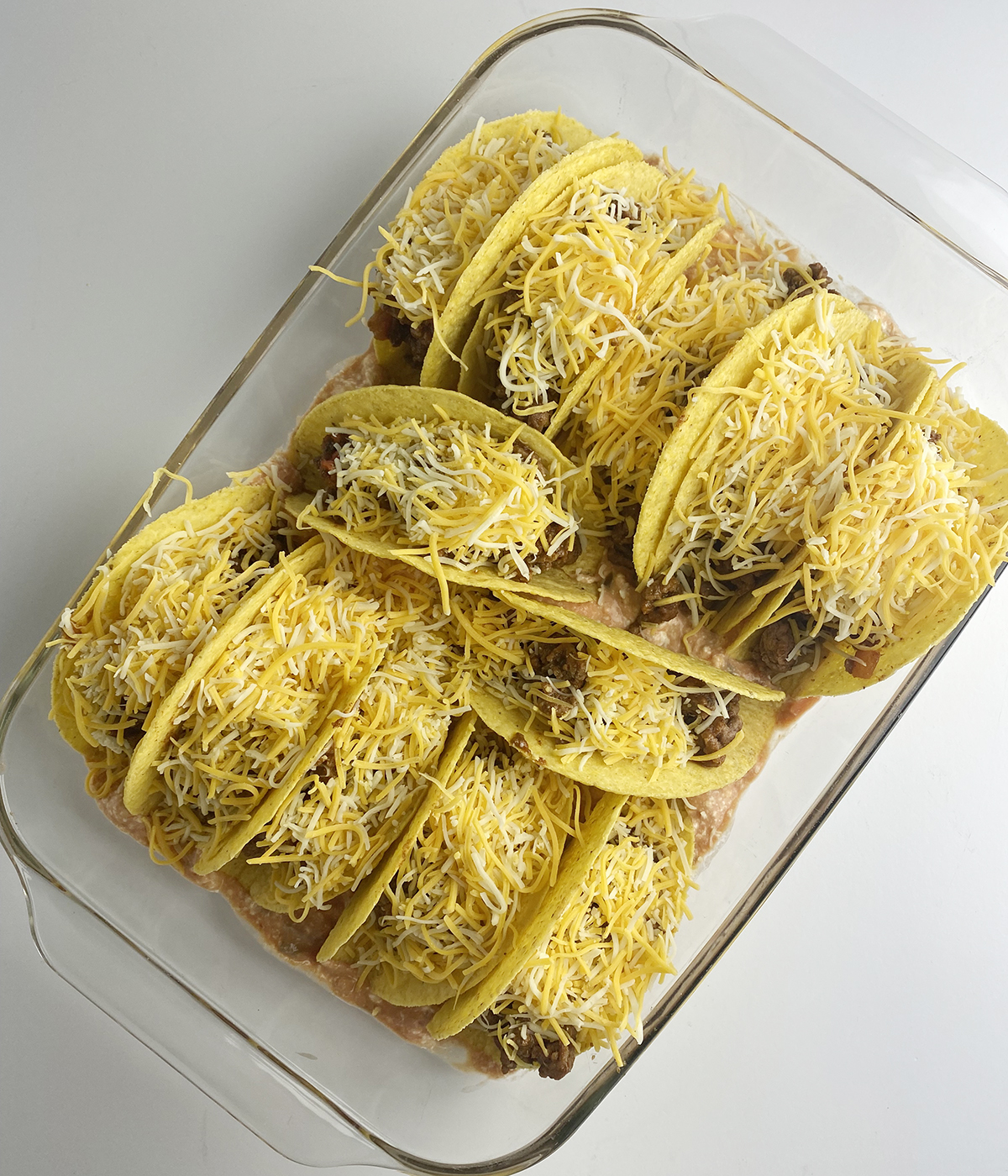 Beef taco casserole ready for the oven.