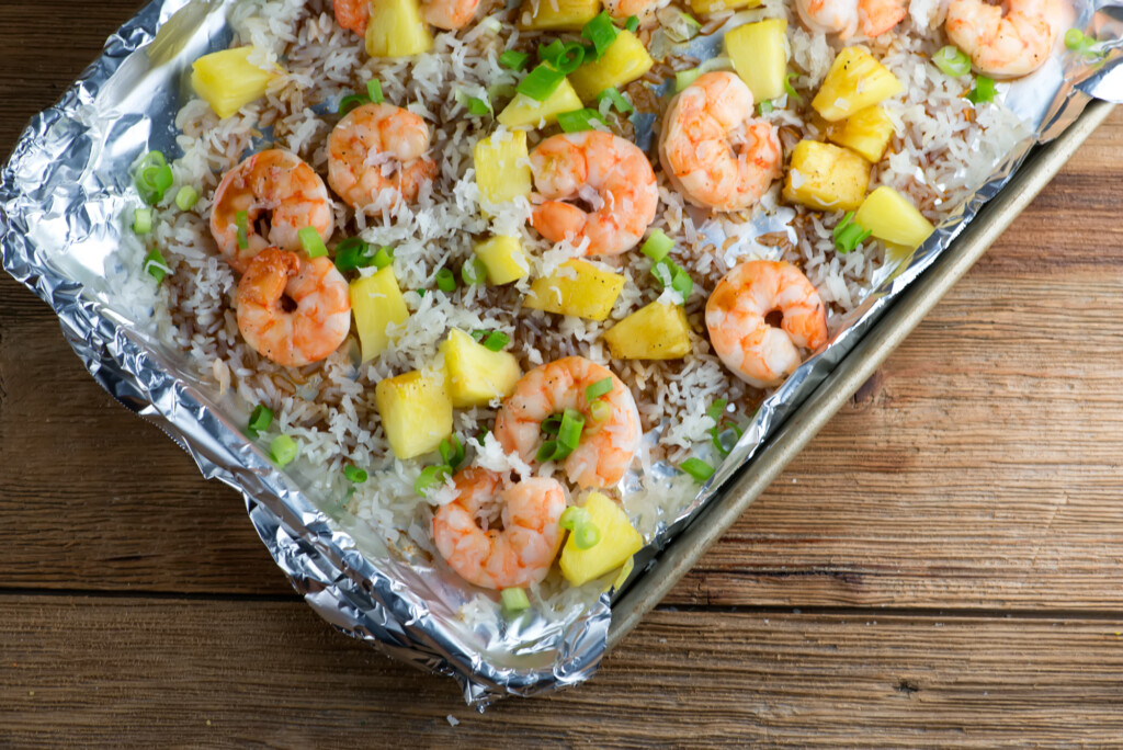 sheet pan pineapple shrimp